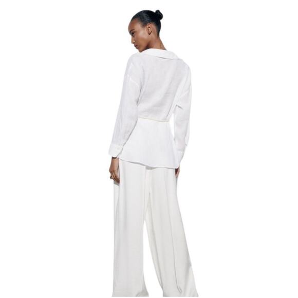 NWT Zara 100% Linen Oversized White Shirt Rope Tie Waist Large Wide Lapel V-Neck - Picture 4 of 7